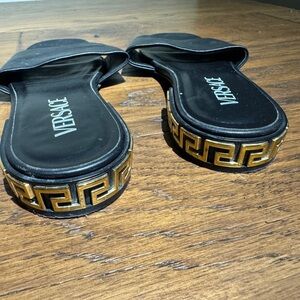Versace Black Sandals with Gold Greek Key Design